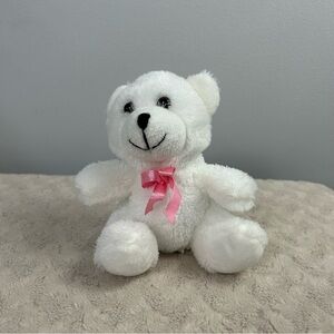 Greenbrier White Teddy Bear Plush Stuffed Animal Toy Pink Bow Small 5.5" Tall